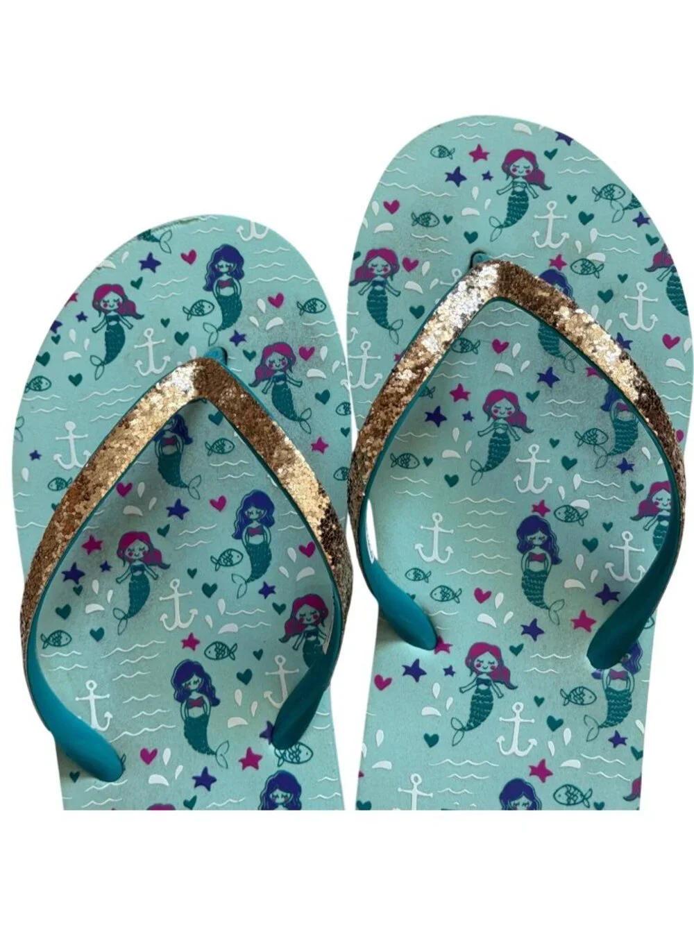 Reef Kids Stargazer Prints Kids Girl Aqua Mermaids Flip Flop Sandals-Teal-Size 5